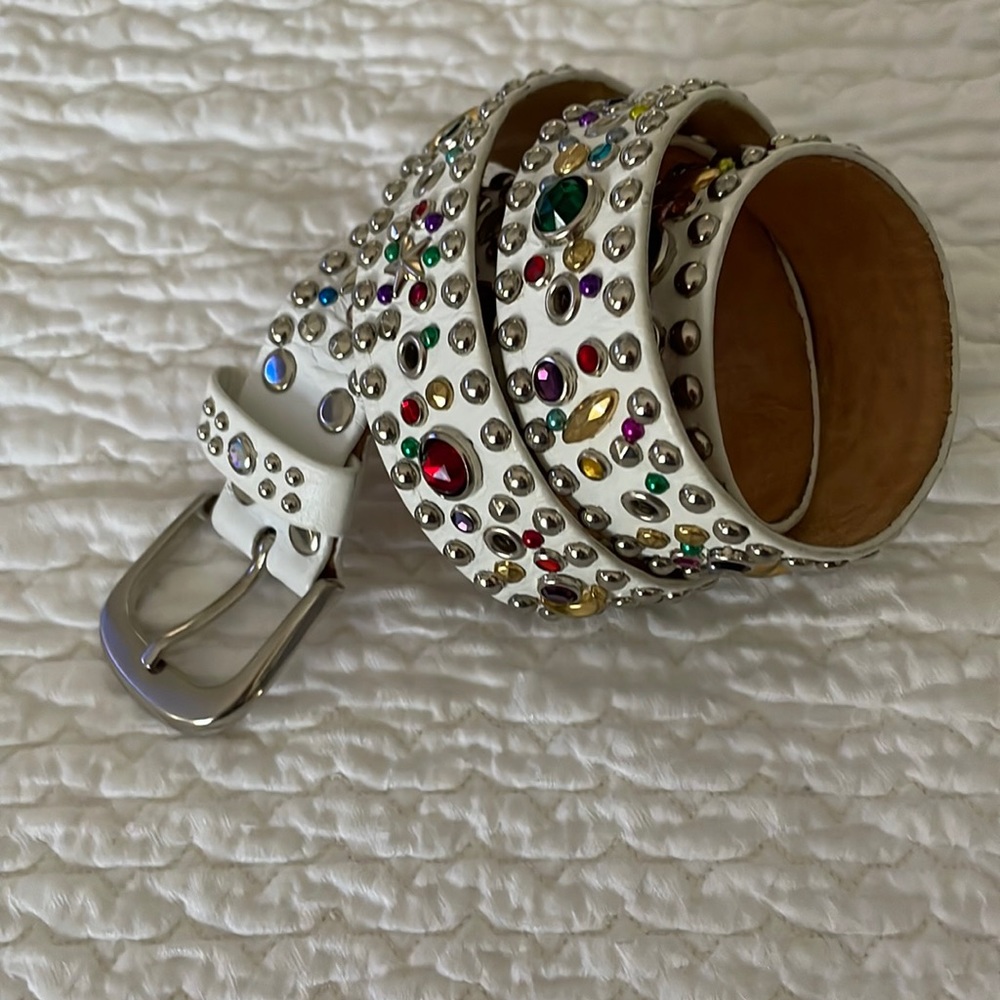 VINTAGE Embellished Leather Belt Stud Jewel White: Approx W 1.25” L 43.5”